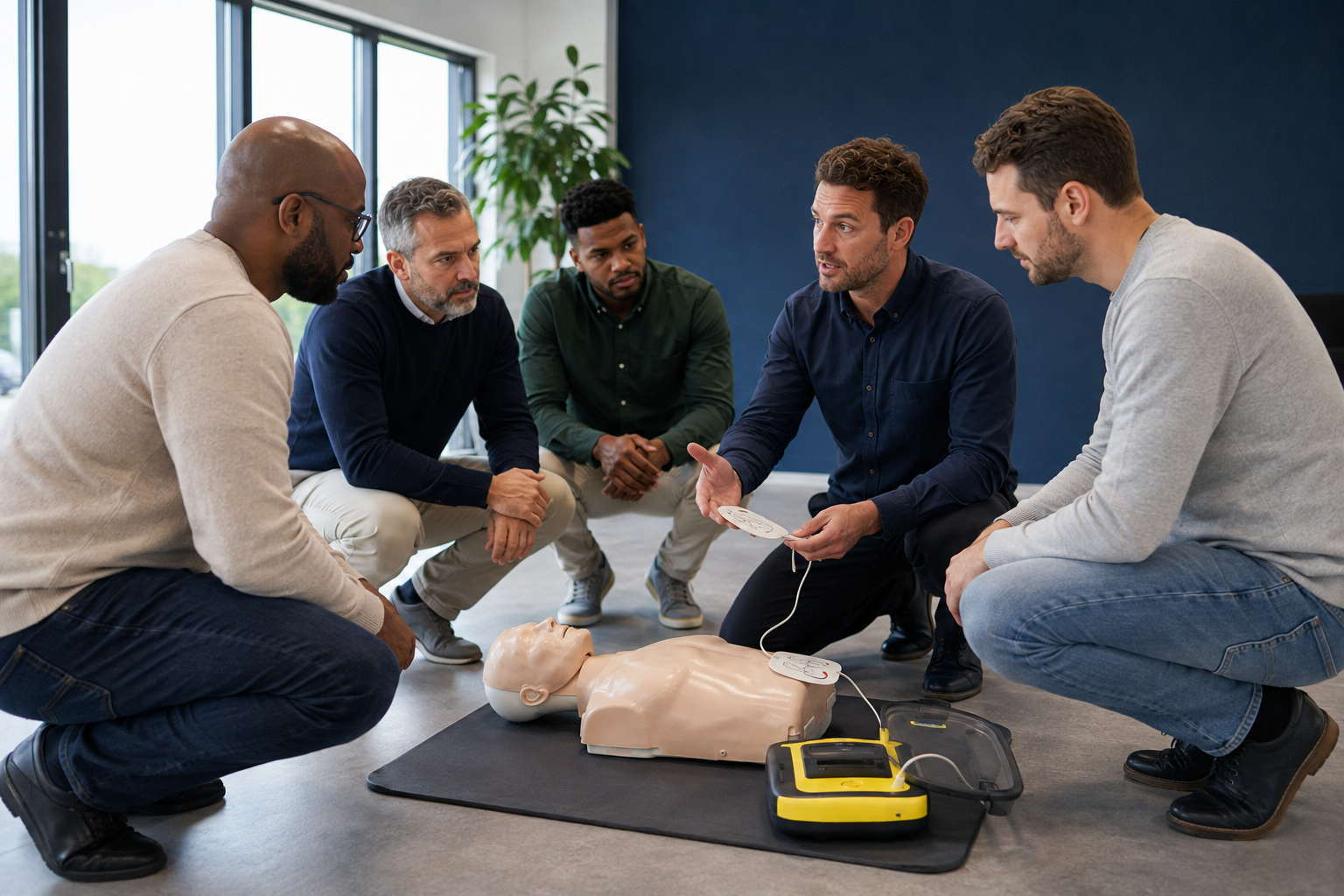 Een mannelijke trainer begeleidt mannen bij een AED-praktijkoefening