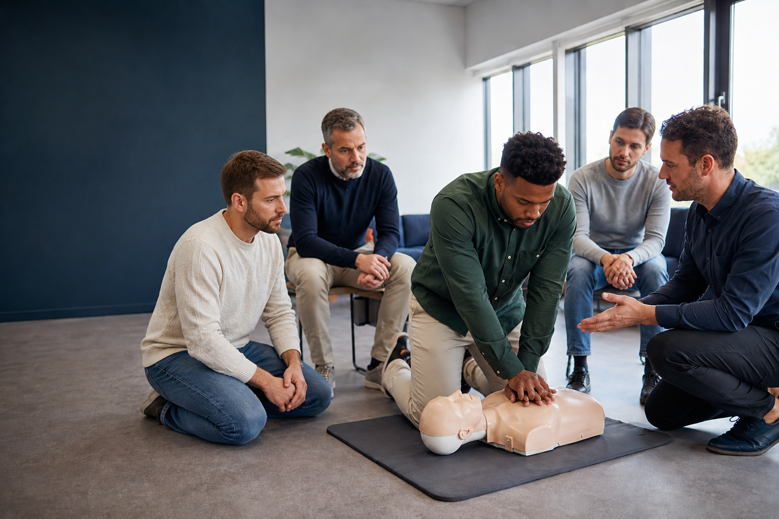 Deelnemers oefenen reanimatie tijdens een praktijktraining